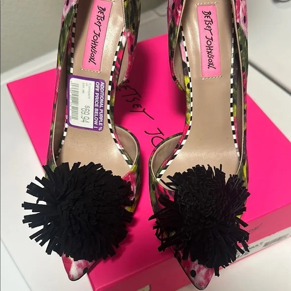 Betsey Johnson Pink and Black Heels with Pom-Pom Embellishment - Picture 4 of 5